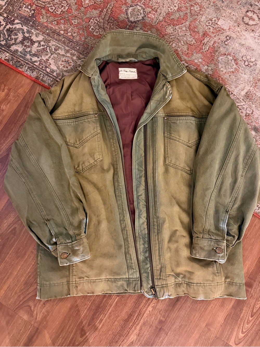 We The Free Olive Green Military Canvas Jacket with Maroon Lining